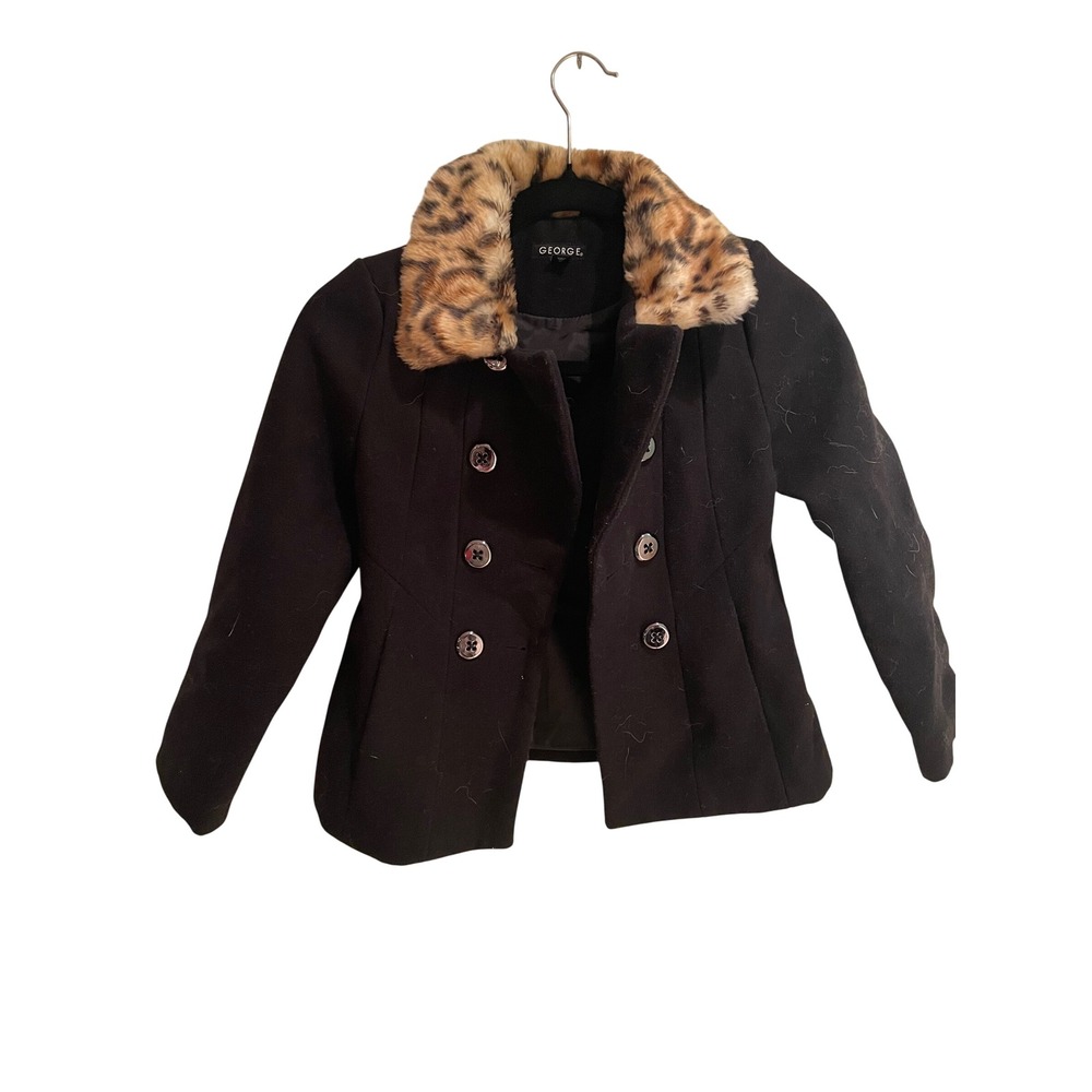 George Girls Black Peacoat Faux Fur Leopard Collar Double Breasted Jacket 6-6X